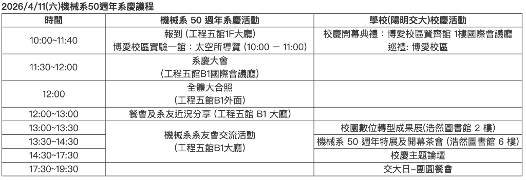 2026/4/11 機械系 50 週年系慶議程